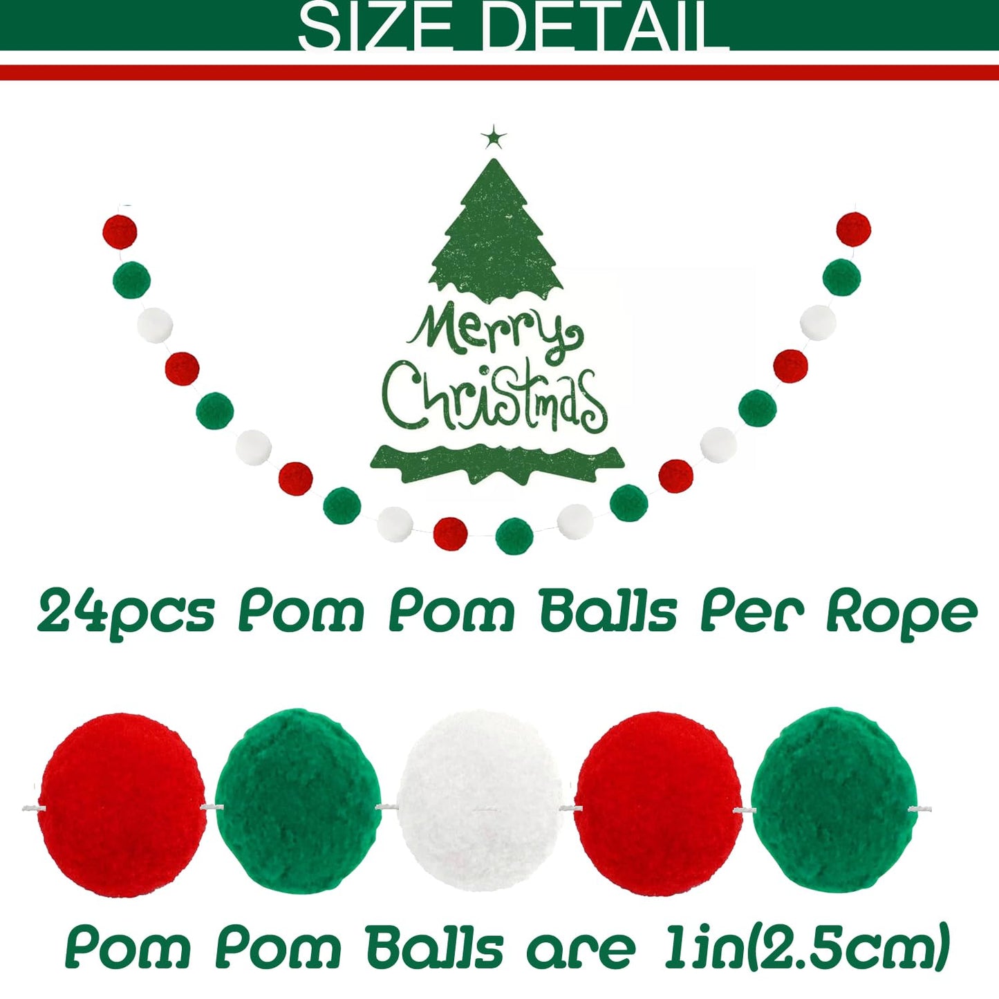 3PK Christmas Pom Pom Garland Christmas Decorations for Tree Indoor Home Room Decor Cute Hanging Felt Ball Red White Green Pompom Bead Ornament String Banner Garland Xmas Birthday Party Supplies