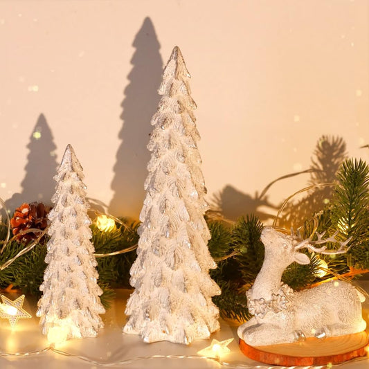 3 Pack Christmas Trees and Reindeer Figurines Decoration- 2 Glittered Christmas Tree Statues and 1 Deer Vintage Christmas Decor Set, Resin Ornaments Tabletop Shelf Office Display Stand Indoor(Silver)