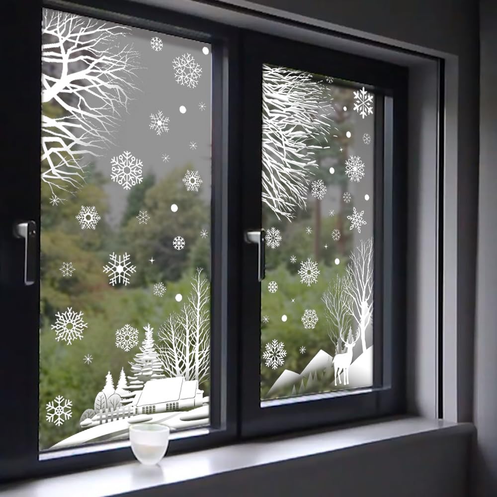 2 Sheets Christmas Window Clings - Xmas Tree Branch, Elk, Snowflake Stickers for Window Decorations, Home Office Party Decor