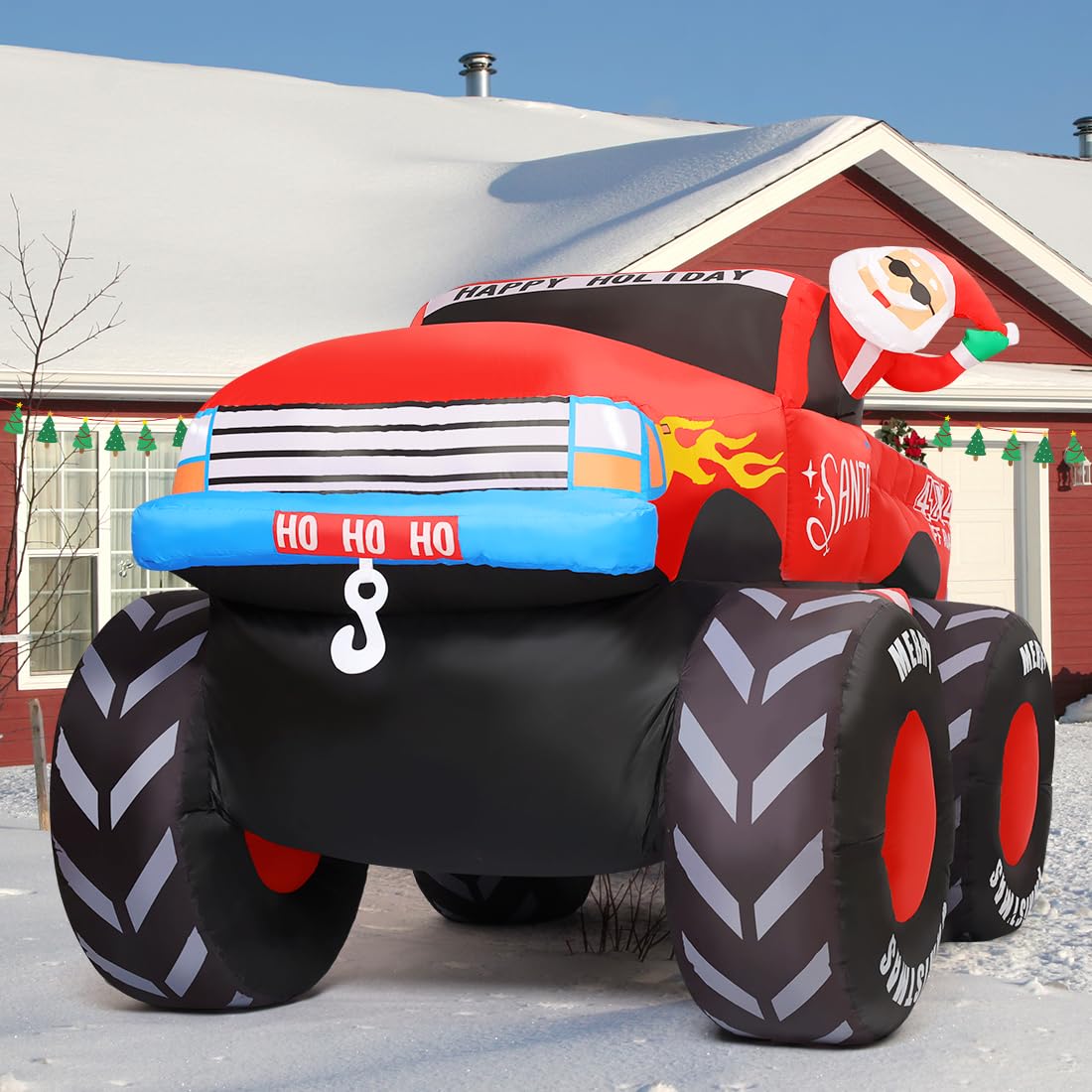 GOOSH 7.5 FT Long Christmas Inflatables Santa Claus Outdoor Decorations Blow Up Yard Snowman with Presents on Truck with Built-in LEDs for Garden Lawn Indoor Party Décor