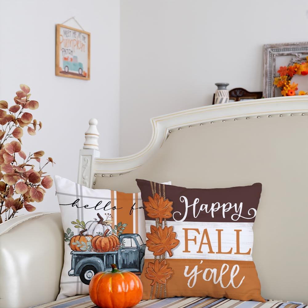 GEEORY Fall Pillow Covers 18 x 18 Inch Set of 4, Happy Fall Y'all Stripes Pumpkins Mason Jar Thankful Decor, Cushion Cases for Farmhouse Home Party Sofa Couch (Brown) G355-18