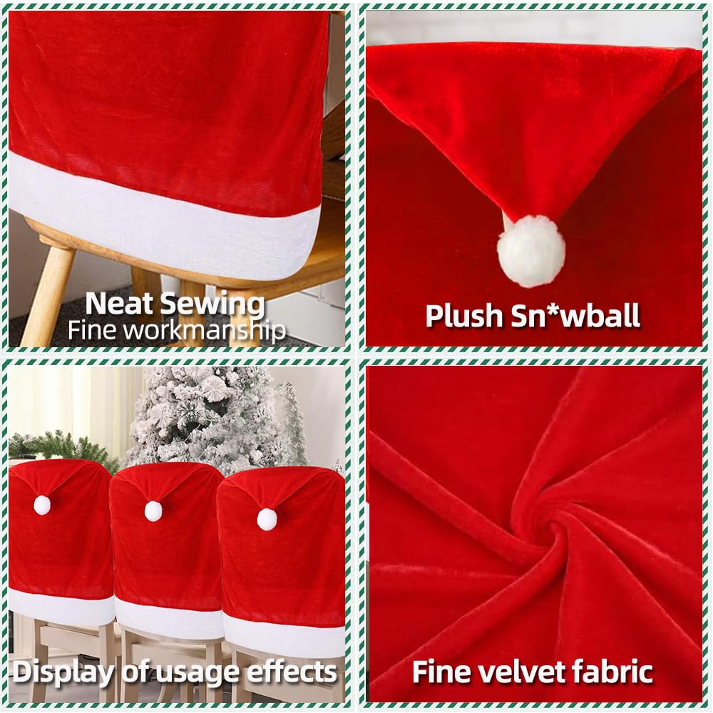 Christmas Chair Back Covers 6 Pcs Christmas Chair Covers Red Santa Hat Dining Chair Covers 19.7" x 23.6" Golden Velvet Chair Covers Kitchen Chair Covers for Christmas Holiday Decoration(19.7" x 23.6")