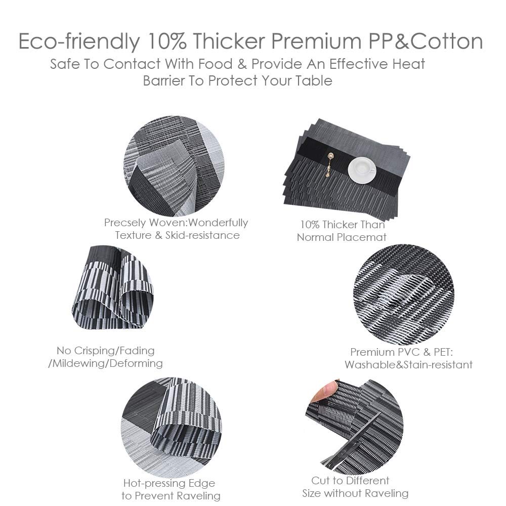 GIVERARE Placemats Set of 4, Heat-Resistant Woven Vinyl Placemat, Non-Slip Washable PVC Table Mat, Easy to Clean Premium Plastic Mats for Dining, Kitchen Table (Black+Gray)