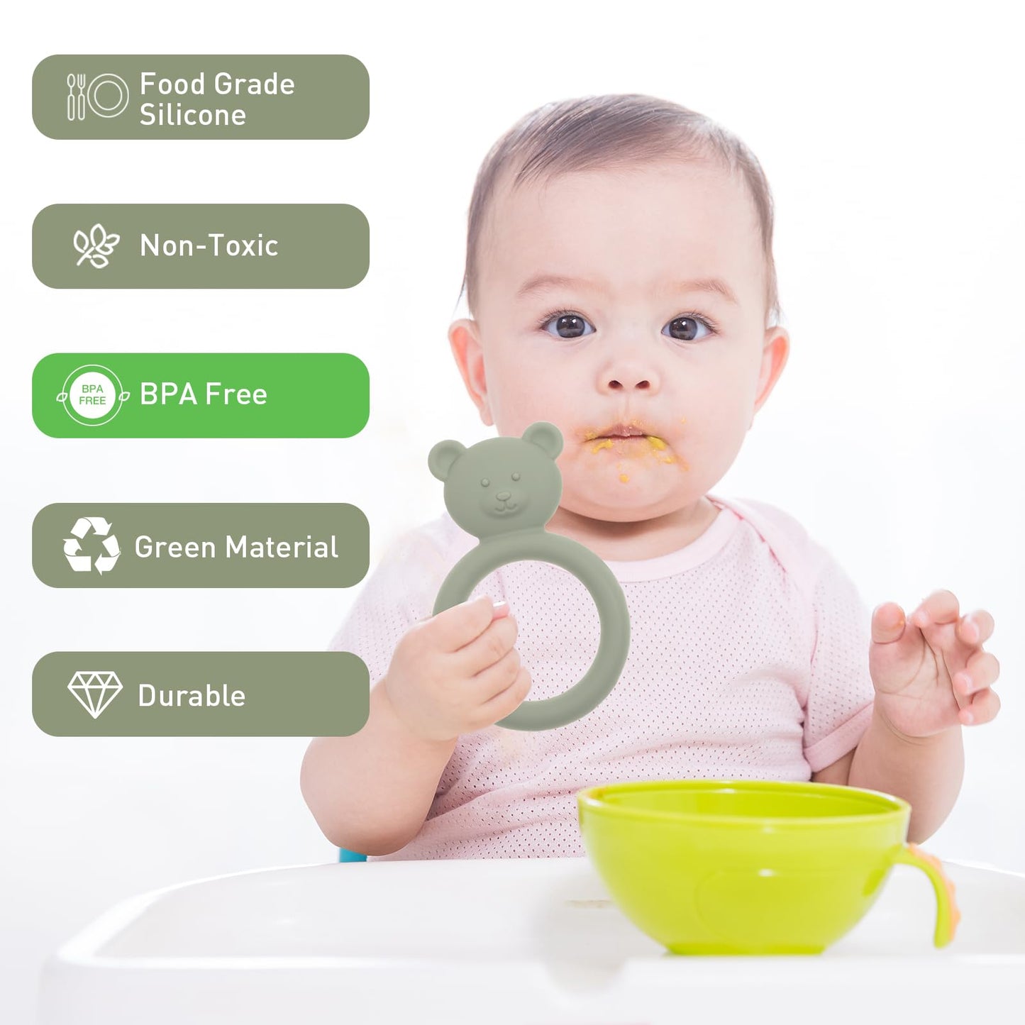 Dirbabi Silicone Baby Teether, Teething Toy Ring for Babies, Easy to Hold Design, BPA Free (Sage + Ether)