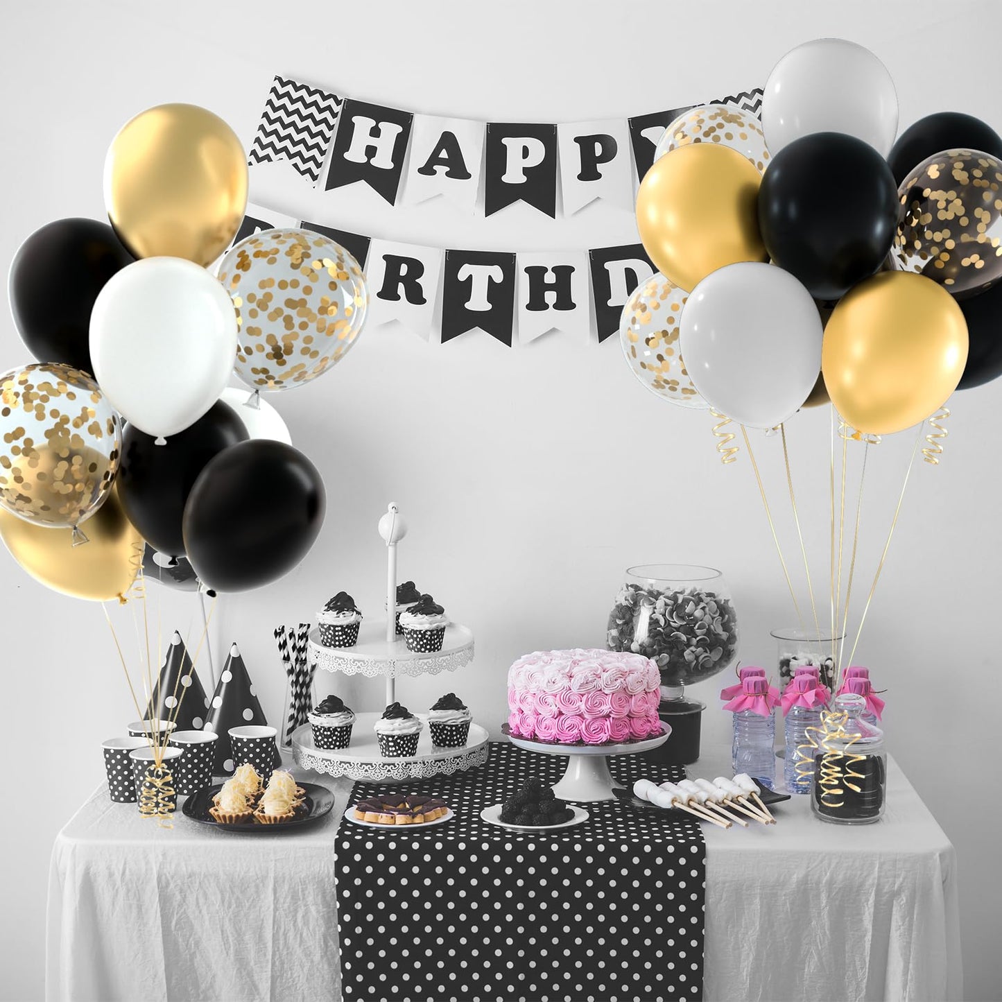 NEBURORA Black and Gold Confetti Balloons 60pcs 12inch Metallic Gold White and Black Confetti Balloons with Ribbons for Birthday Party Wedding Graduation Holiday Celebrating