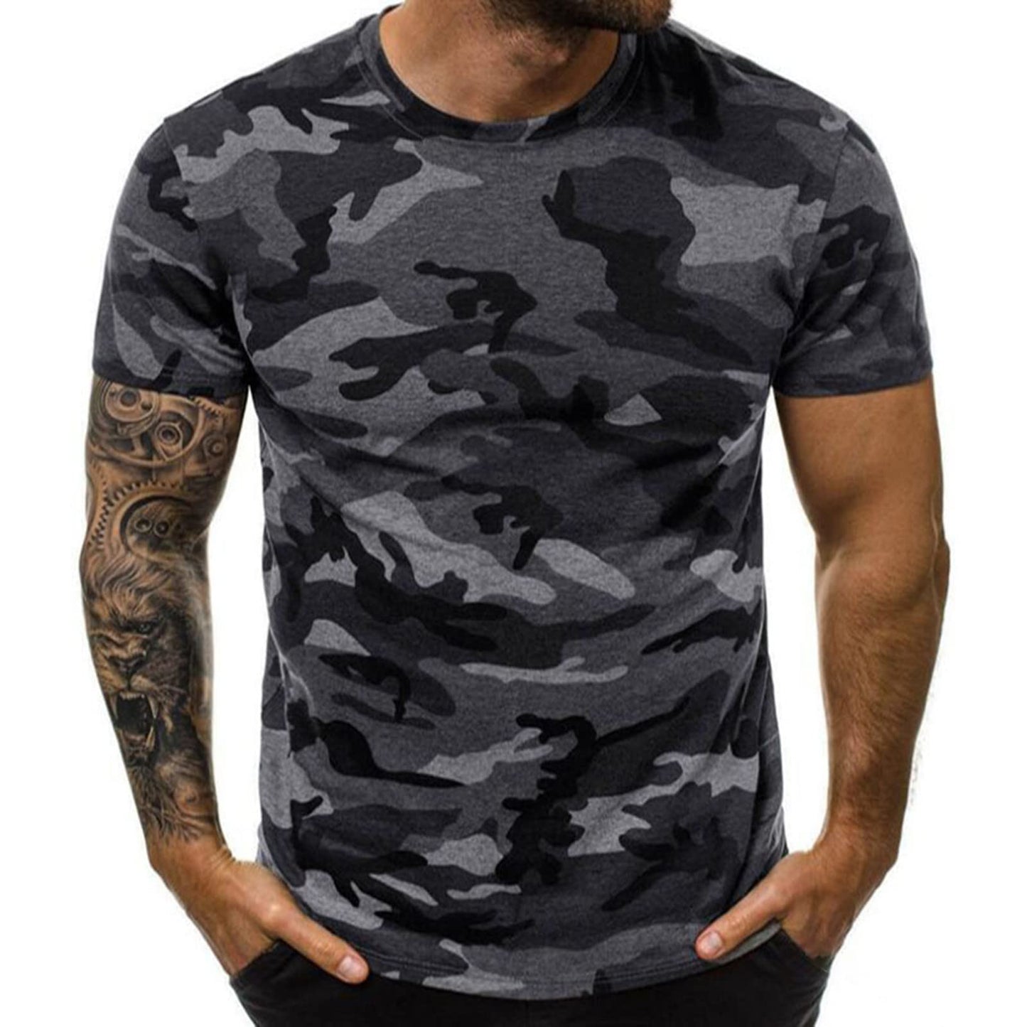 RTRDE Mens Summer Shirt, Camouflage T-Sports Fitness Short Sleeve Military Camo Crewneck Shirts Muscle for Shirts (5XL, Dark Gray)