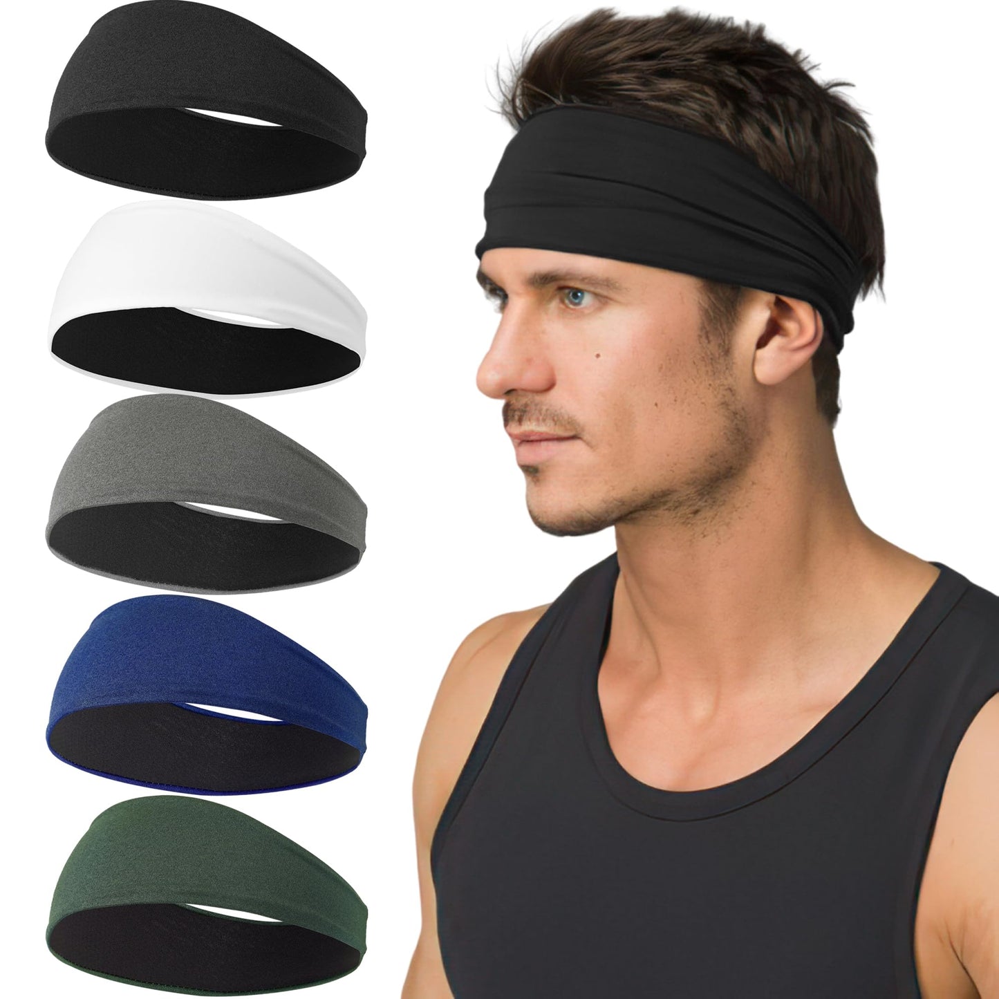 5 Pack Sports Headband for Men, Breathable Mesh Design, Reused & Washed Mens Headband Sweat Bands for Running Yoga Fitness Workout