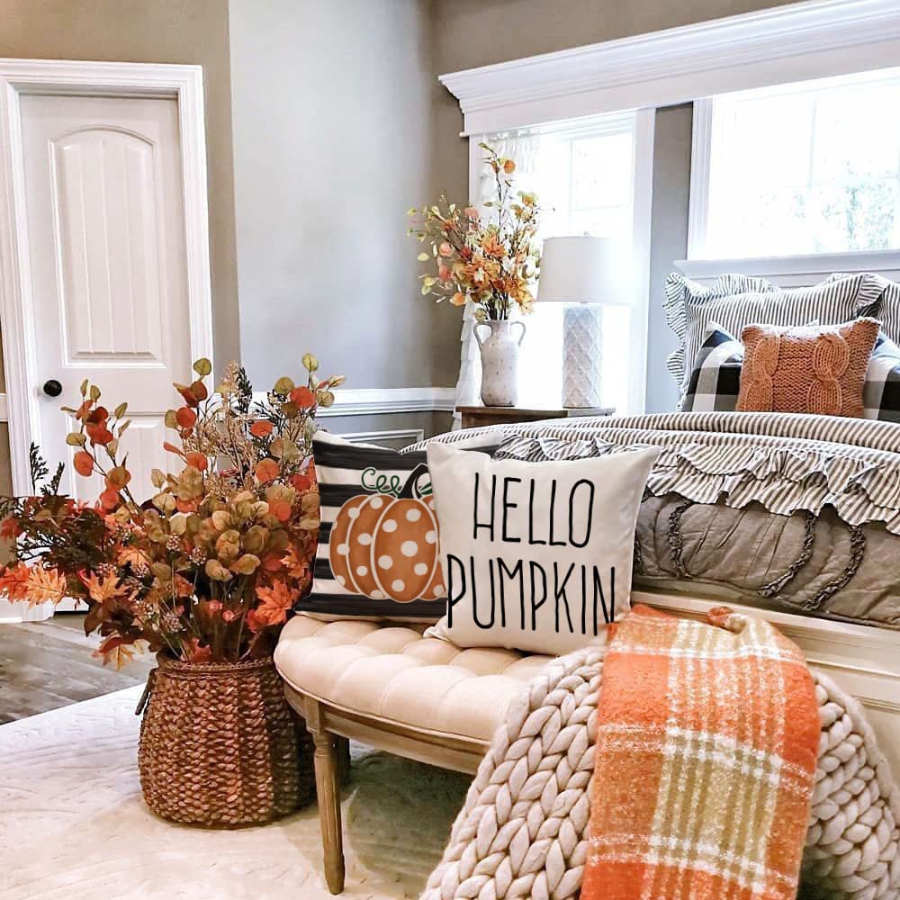 GEEORY Fall Decor Pillow Covers 18x18 Set of 4 Polka Dots Pumpkin Maple Leaf Happy Fall Outdoor Stripes Decorative Throw Pillows Farmhouse Thanksgiving Cushion Case for Couch Sofa