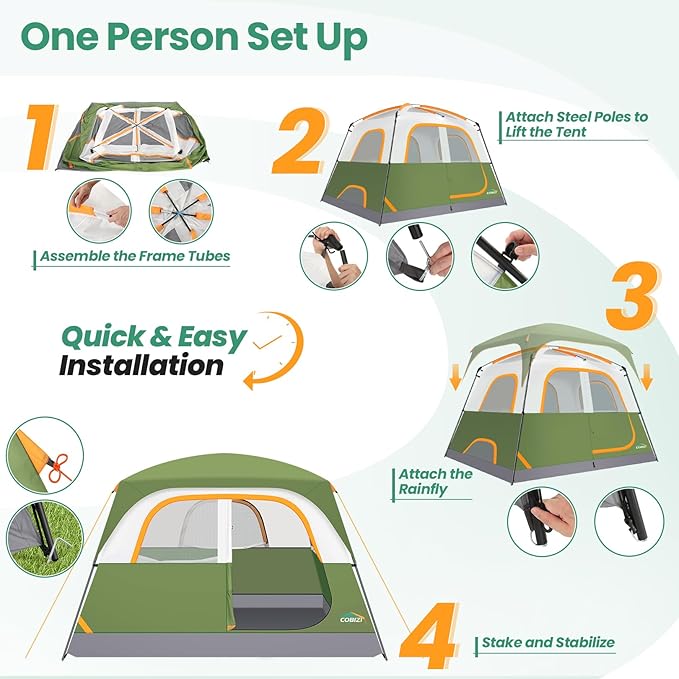 COBIZI Camping Tent, 4/6 Person Easy Setup Waterproof Windproof Backpacking Tent with Removable Rainfly, Lightweight Portable Outdoor Family Tents for Camping, Travel, Fishing, Hiking, Scouts
