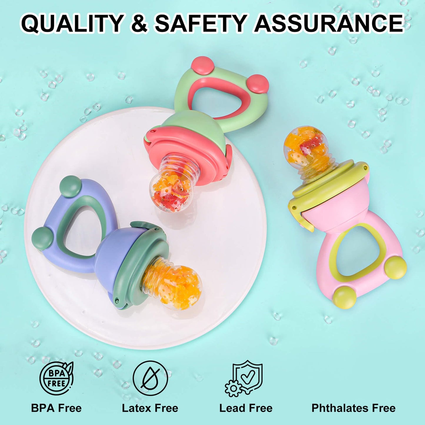 Baby Fruit Food Feeder Pacifier - Fresh Fruit Teething Toy 6M+, BPA Free Safely Introduce Solids Teething Relief Toy Includes Add Silicone Sacs, 2-Pack (Blue)