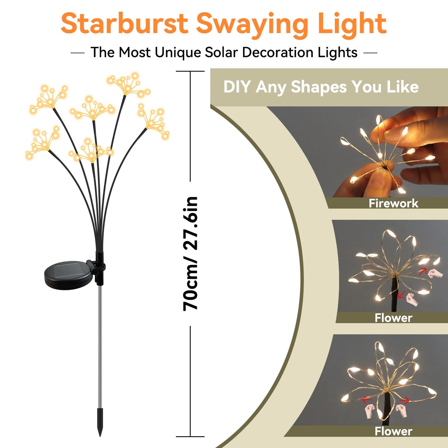 Solar Garden Lights 2 Pack Waterproof Solar Swaying Starburst Light Outdoor Lights for Yard Patio Walkway Pathway Party Wedding Christmas Decoration, Warm White