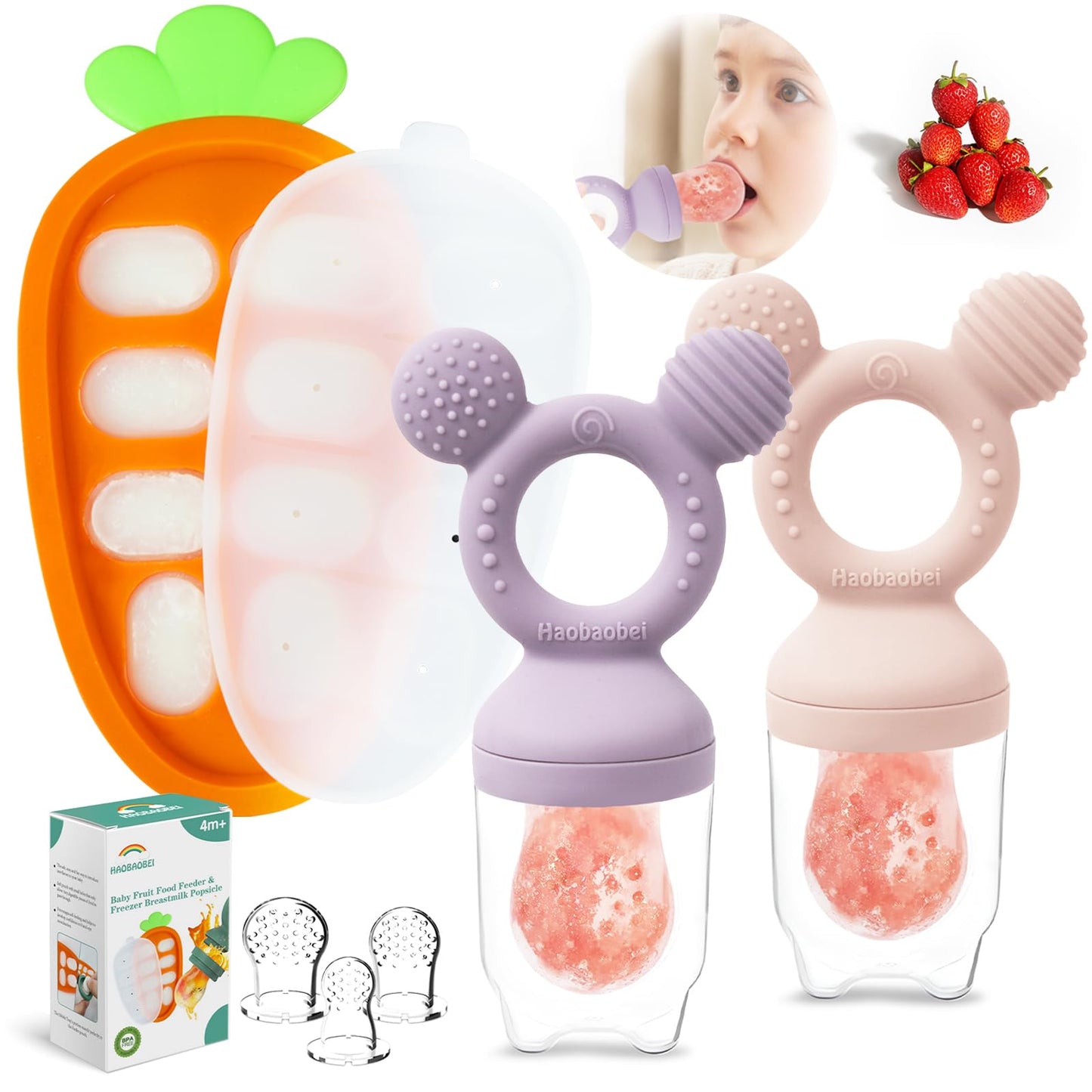 Baby Fruit Food Feeder - Silicone Nibble Tray Combo - Breastmilk Popsicle Mold for Cooling Relief, BPA Free Mesh Feeder for Infant Self Feeding (Lavender Pink + Carrot)