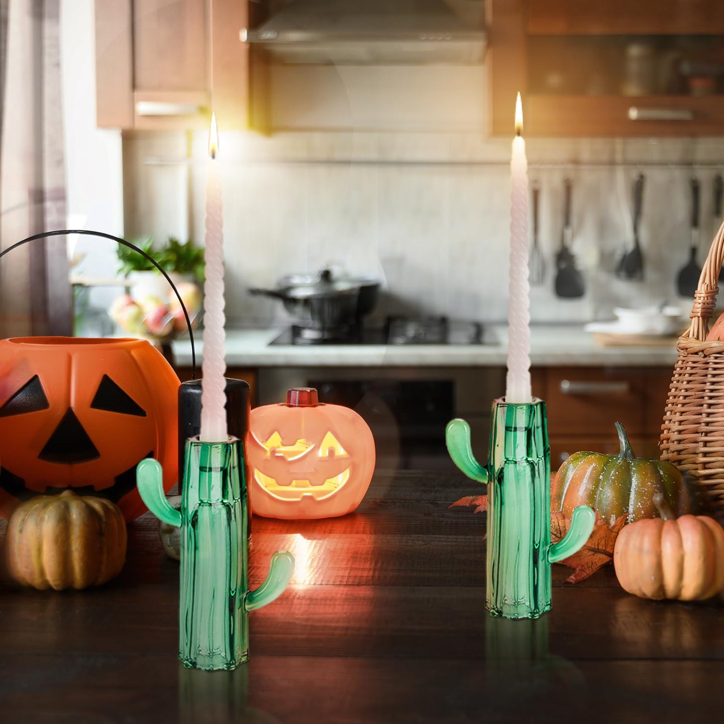 Cactus Candle Holder, 2PCS Glass Pillar Candlestick Holders Decorative Candle Stand for Home Decoration Wedding Halloween Christmas Party, Dark Green