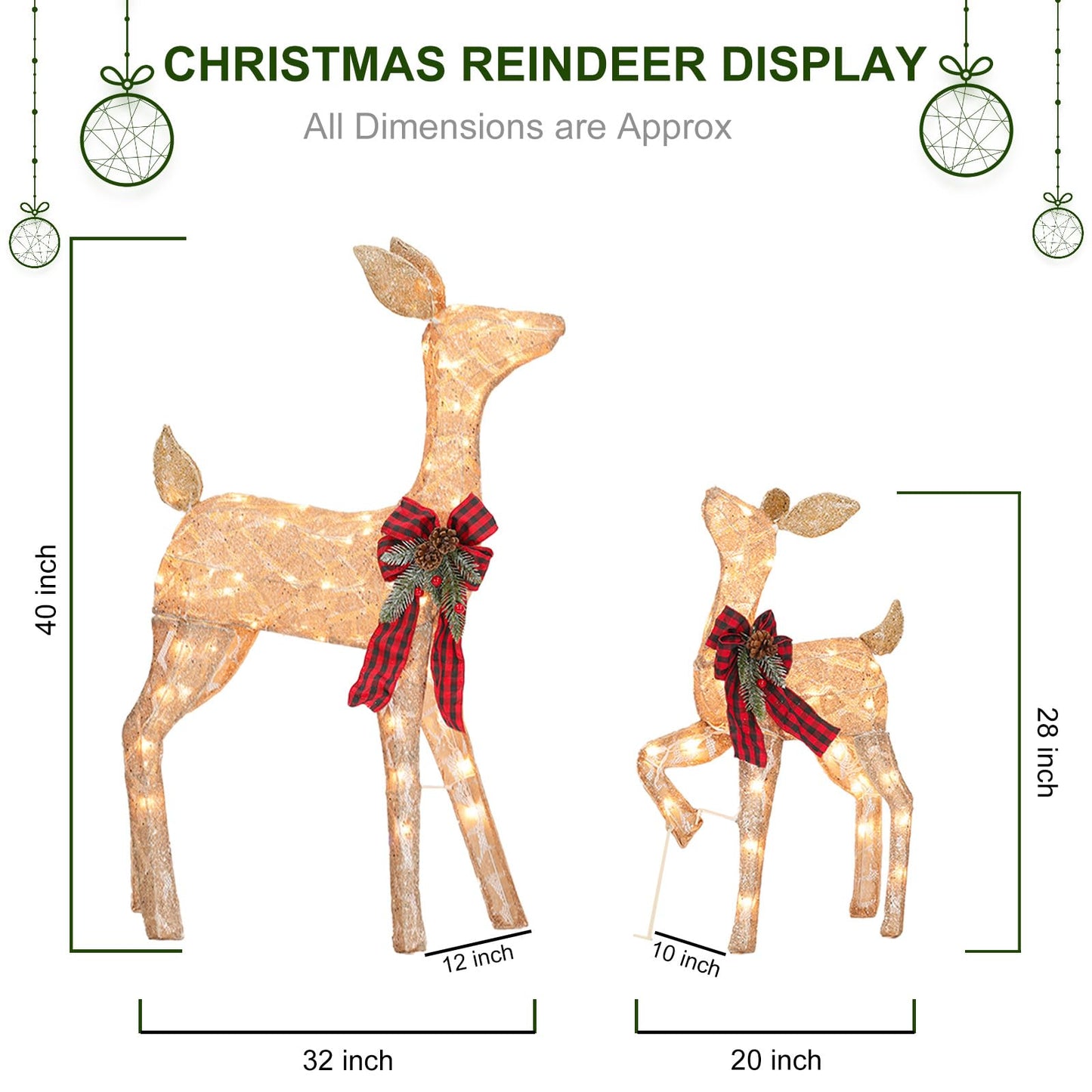 2 Pack Reindeer Christmas Decoration with 105 Lights Xmas Lighted Golden Glittering Deer for Indoor Outdoor Yard Lawn Decoration