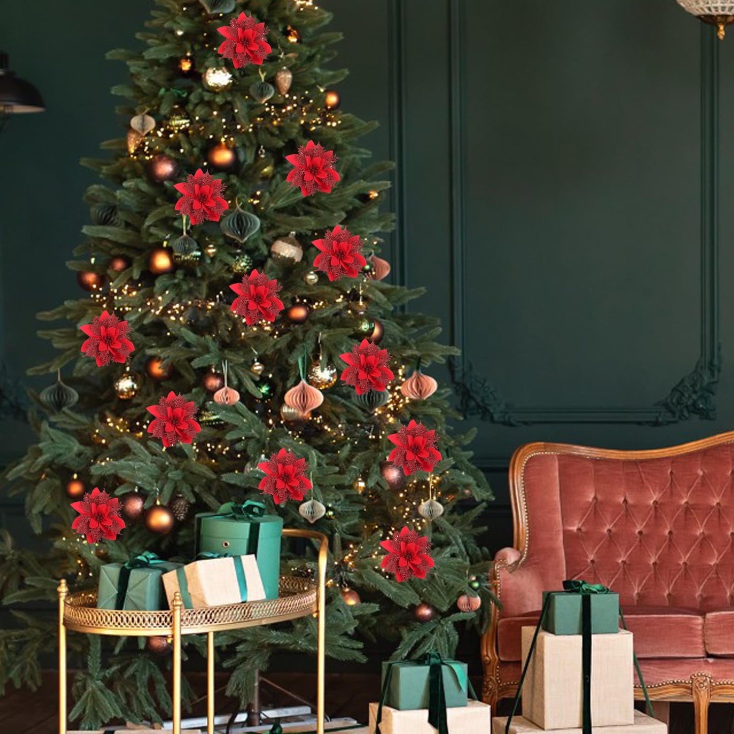 24 Artificial Red Poinsettia Flower Clips with Stems,Red Christmas Ornaments for Tree Decoration with Clips Stems Fake Poinsettias Flowers Home Party Christmas Decor