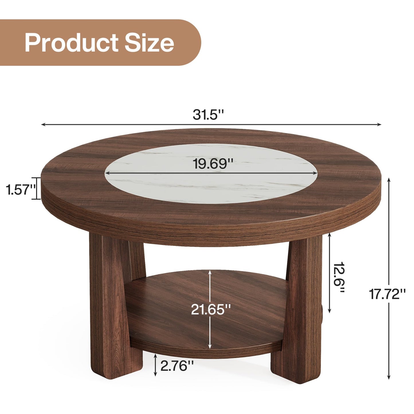 Tribesigns Coffee Table, 2-Tier Round Coffee Table with Heavy-Duty Wood Tabletop for Living Room, Industrial Circle Wood Accent Center Table with Storage, Brown and White