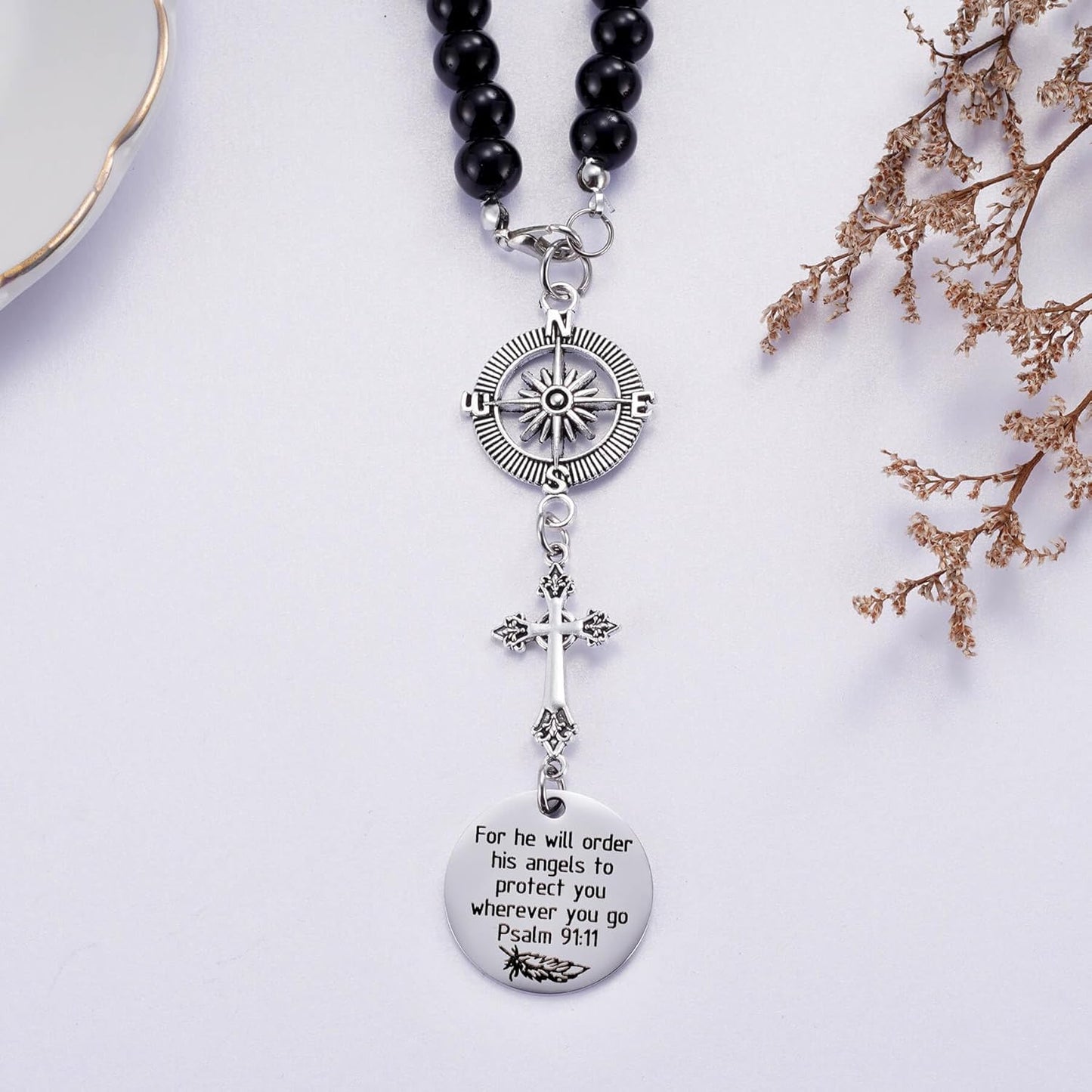 Cross Car Charm, for He Will Order His Angels to Protect You Wherever You Will Go, Rear View Mirror Car Charm, Psalm 91:11, Bible Verse, Religious Gifts for Women