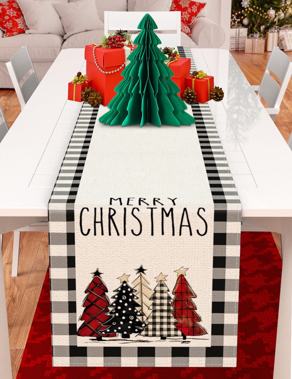 TOYPOPOR Set of 2 Christmas Table Runner, TOYPOPOR 2Pcs Buffalo Linen Christmas Trees Dining Table Runner for Xmas Holiday Seasonal Winter Decoration Indoor Outdoor Party Wedding - 72Inches