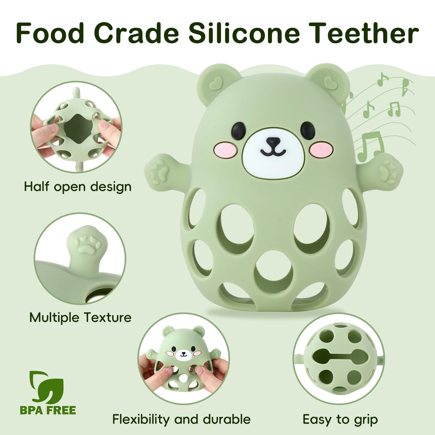 Baby Teething Toy Food Grade Silicone Mitten & Wrist Teether for 0-12 Months, BPA-Free, Anti-Dropping Design for Teething Relief & Sucking Needs (Green)