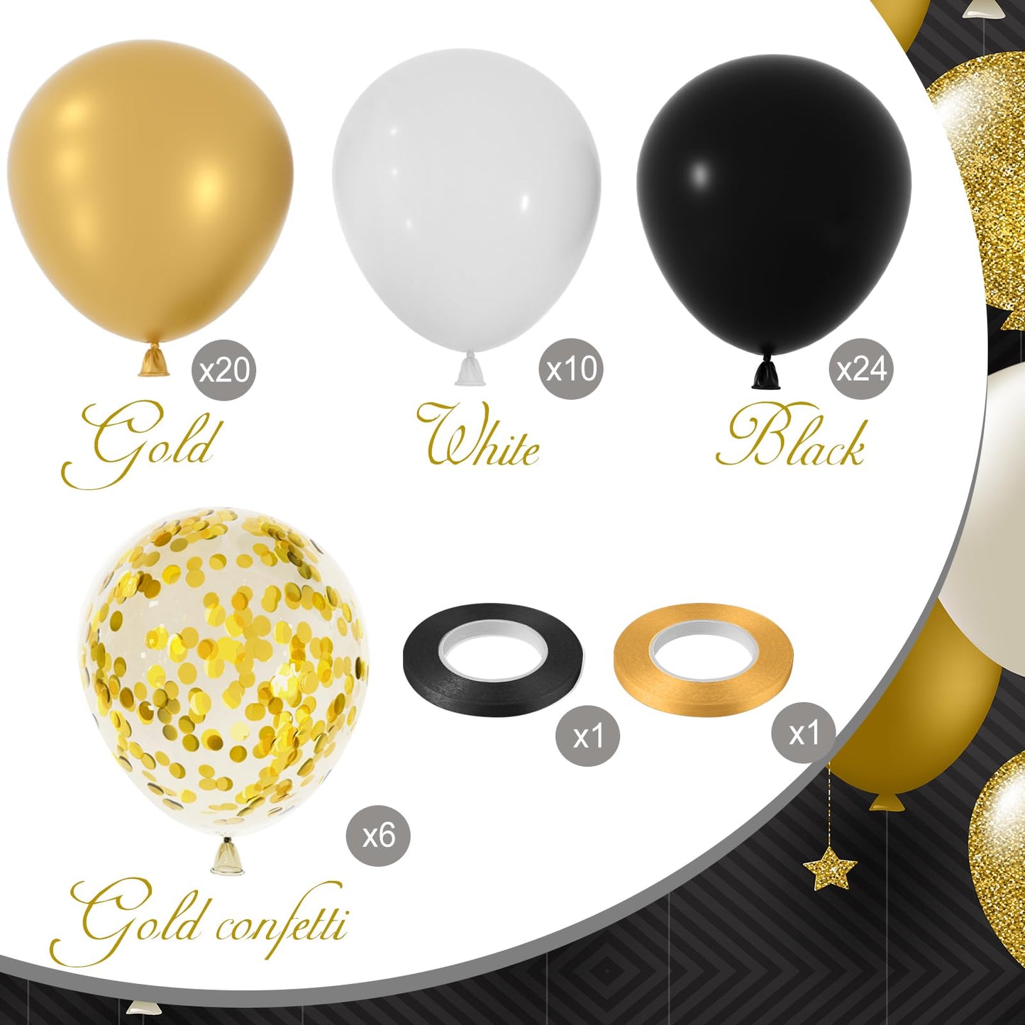 NEBURORA Black and Gold Confetti Balloons 60pcs 12inch Metallic Gold White and Black Confetti Balloons with Ribbons for Birthday Party Wedding Graduation Holiday Celebrating