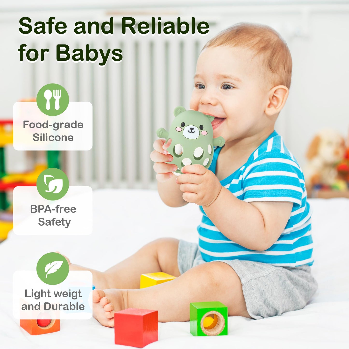 Baby Teething Toy Food Grade Silicone Mitten & Wrist Teether for 0-12 Months, BPA-Free, Anti-Dropping Design for Teething Relief & Sucking Needs (Green)