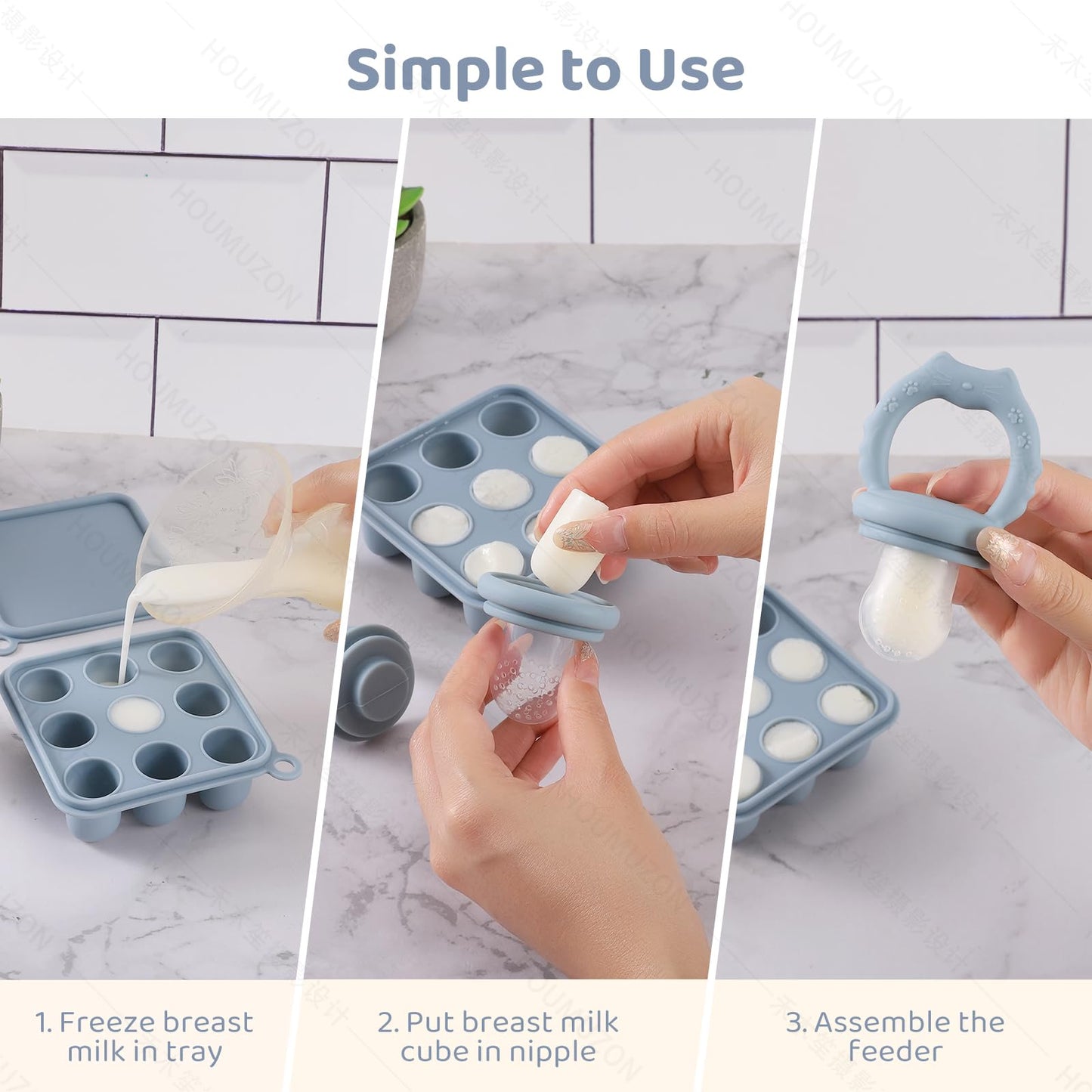Qkie Silicone Baby Food Feeders & 1 Baby Food Freezer Tray & 2 Extra Pouches- Safe Introduction to New Foods, Frozen Milk & Puree - Ideal for Infants and Toddlers