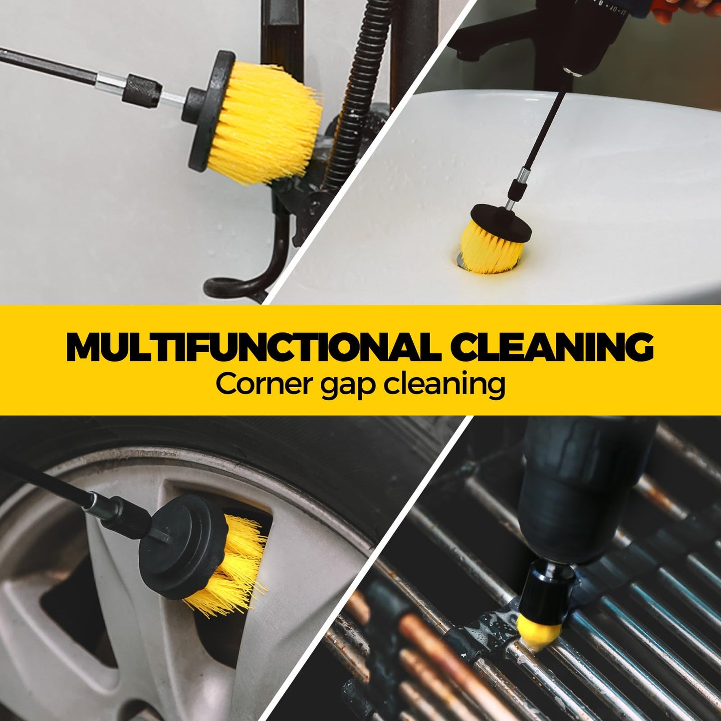 Holikme 6Pack Drill Brush Power Scrubber Cleaning Brush Extended Long Attachment Set All Purpose Drill Scrub Brushes Kit for Grout, Floor, Tub, Shower, Tile, Bathroom and Kitchen Surface,Yellow