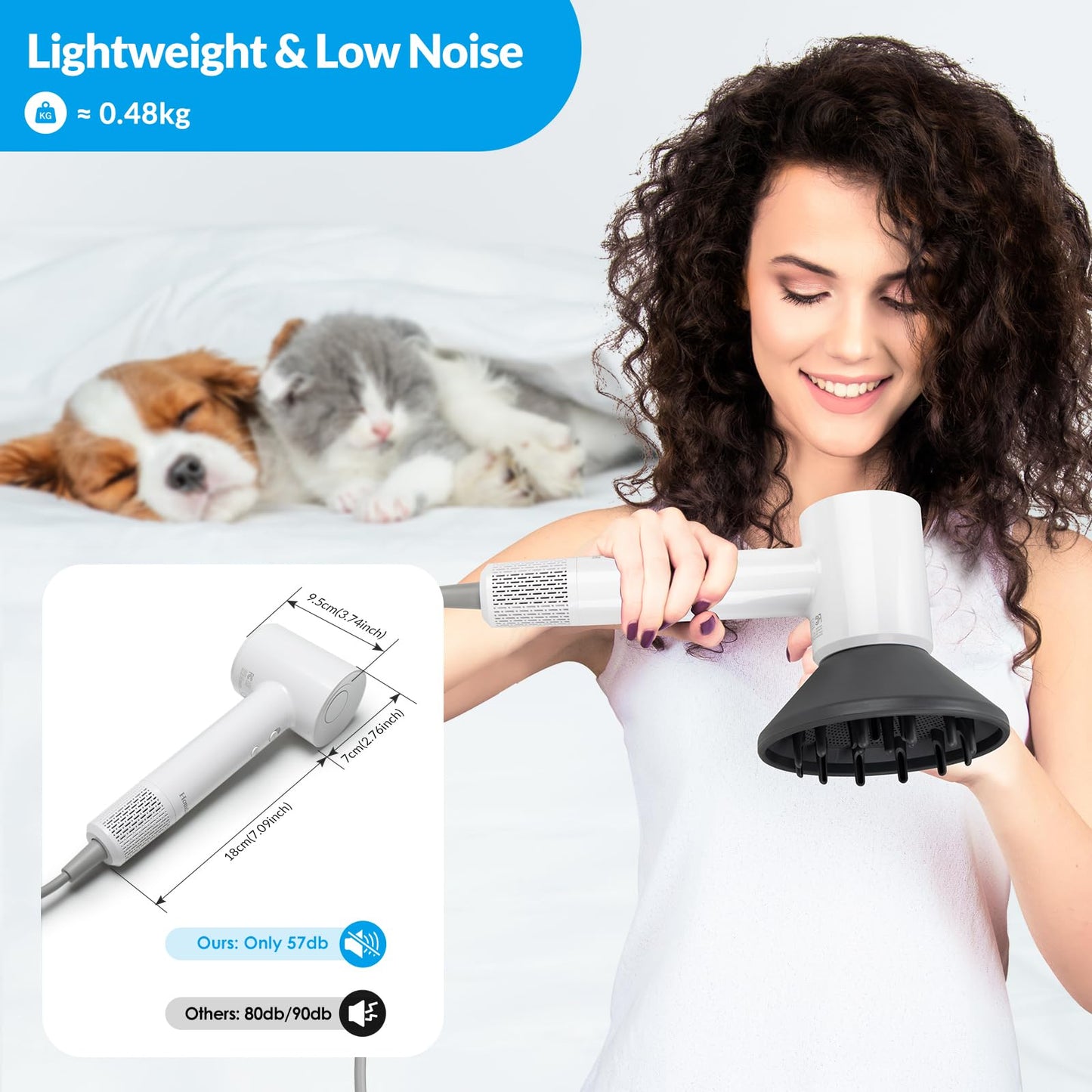 High-Speed Ionic Hair Dryer with Diffuser - 112,000 RPM Brushless Motor for Fast Drying Low Noise 4 Temp&2 Speed Settings 110V Professional Blow Dryer(Light White)