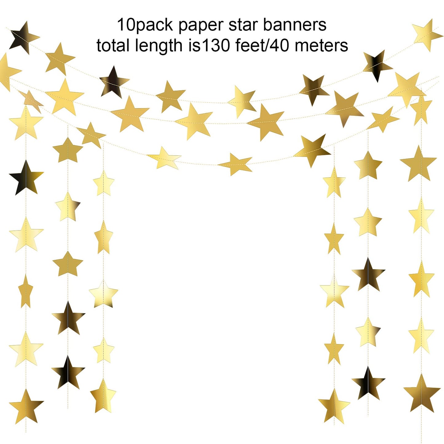 Patelai Glitter Star Garland Banner Decor, 130 Feet Star Hanging Bunting Banner Bright Backdrop for 2025 Graduation Prom Wedding Birthday Christmas Party Supplies(Gold)