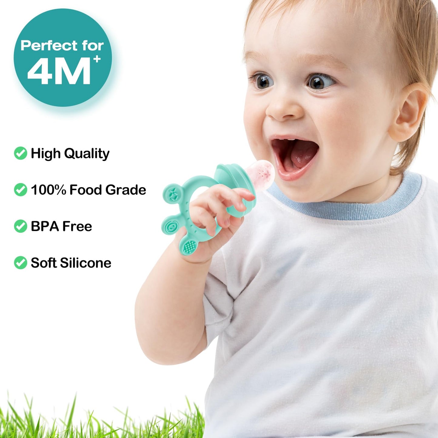 Baby Fruit Feeder, with Mini Freezer Tray, Silicone Teething Toys, Breastmilk Popsicle Molds for Baby Teething Relief, Includes 4 Mesh Pacifier