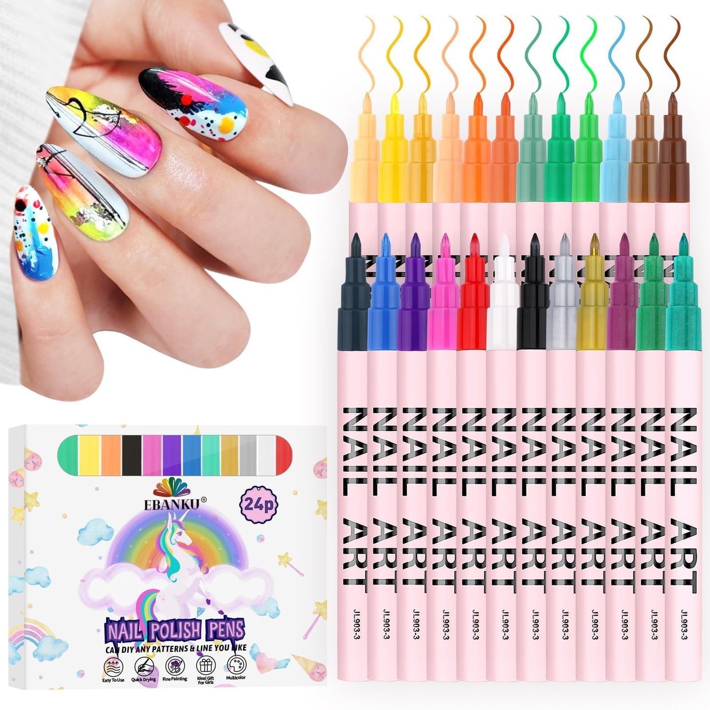 12 Colors 3D Nail Art Pens, Fine Tips 0.5 MM Nail Polish Pens Quick-Drying EBANKU Acrylic Nail Paint Point Dotting Liner Pen Tools for Home & Salon Manicure DIY