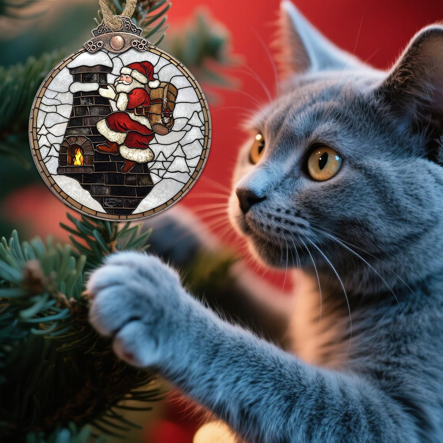 HWRHTR Stained Glass Christmas Decorations, Santa Claus Chimney Suncatcher for Window Christmas Tree Hanging Ornaments White Sun Catcher Xmas Decor Gifts for Little Girl Women Men Mom Nana Friend