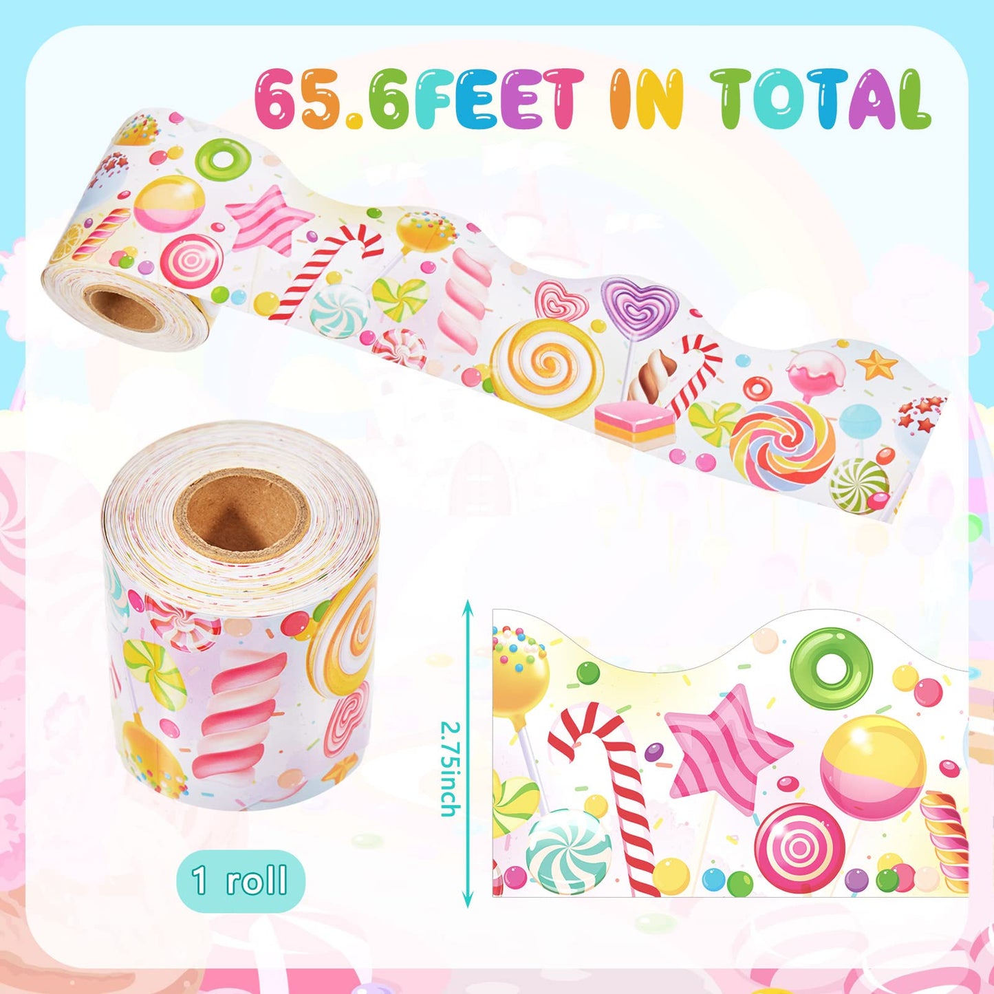 Outus 65.6ft Candyland Bulletin Board Border Lollipop Self Adhesive Scalloped Border Trims Sweet Themed Cutouts Bulletin Board for Classroom School Door Desk Supplies, Birthday Party Decorations