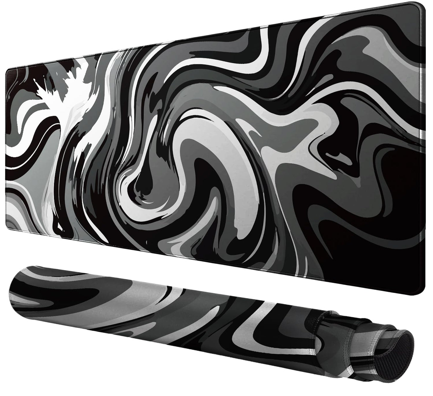 Large Gaming Mouse Pad - Black and White Mouse Pad with Stitched Edges, Extended XL Mousepad with Anti-Slip Rubber Base, Ink Liquid Wave Desk Mat for Keyboard and Mouse(31.5x15.8 inch)