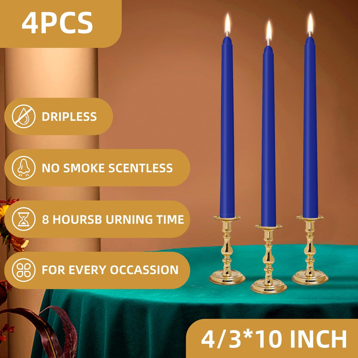LYOBATH 4 Pack Blue Taper Candles - Taper Candles 10 Inch Dripless, Smokeless & Unscented - 8 Hours Long Burning - Ideal for Weddings, Dinner Parties, and Home Decor