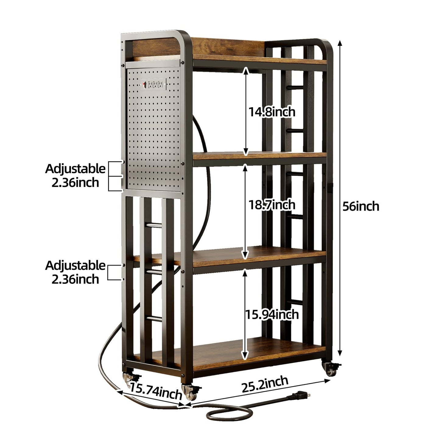 Kitchen Bakers Rack with Power Outlet,With pegboard Bakers Racks,Microwave Oven Stand with Storage 4 Tiers,microwave stand, for Living Room, Dining Room, Coffee Bar(Rustic Brown, 15.75x25.2x55)