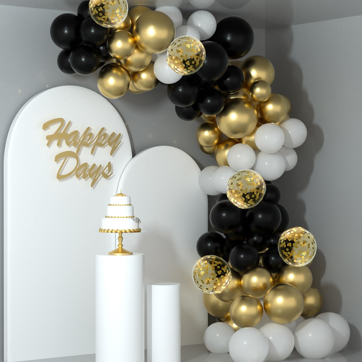 NEBURORA Black and Gold Confetti Balloons 60pcs 12inch Metallic Gold White and Black Confetti Balloons with Ribbons for Birthday Party Wedding Graduation Holiday Celebrating