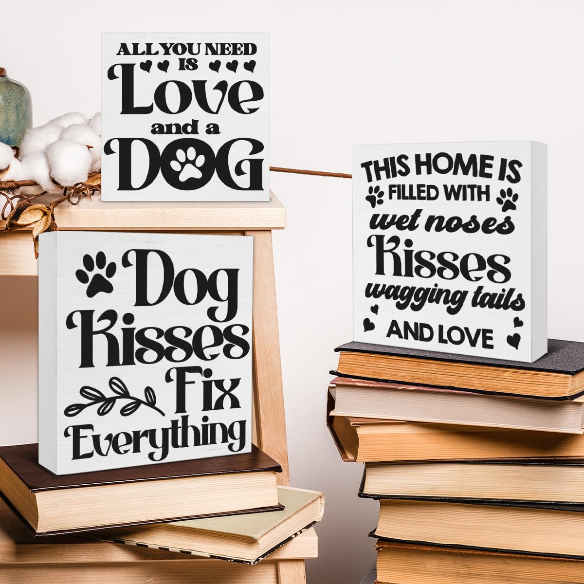 3 Pcs Dogs Wood Signs Decor Dog Lover Wood Block Sign Farmhouse Dog Themed Wooden Box Signs Decorations for Home Tiered Tray Desk Table Shelf