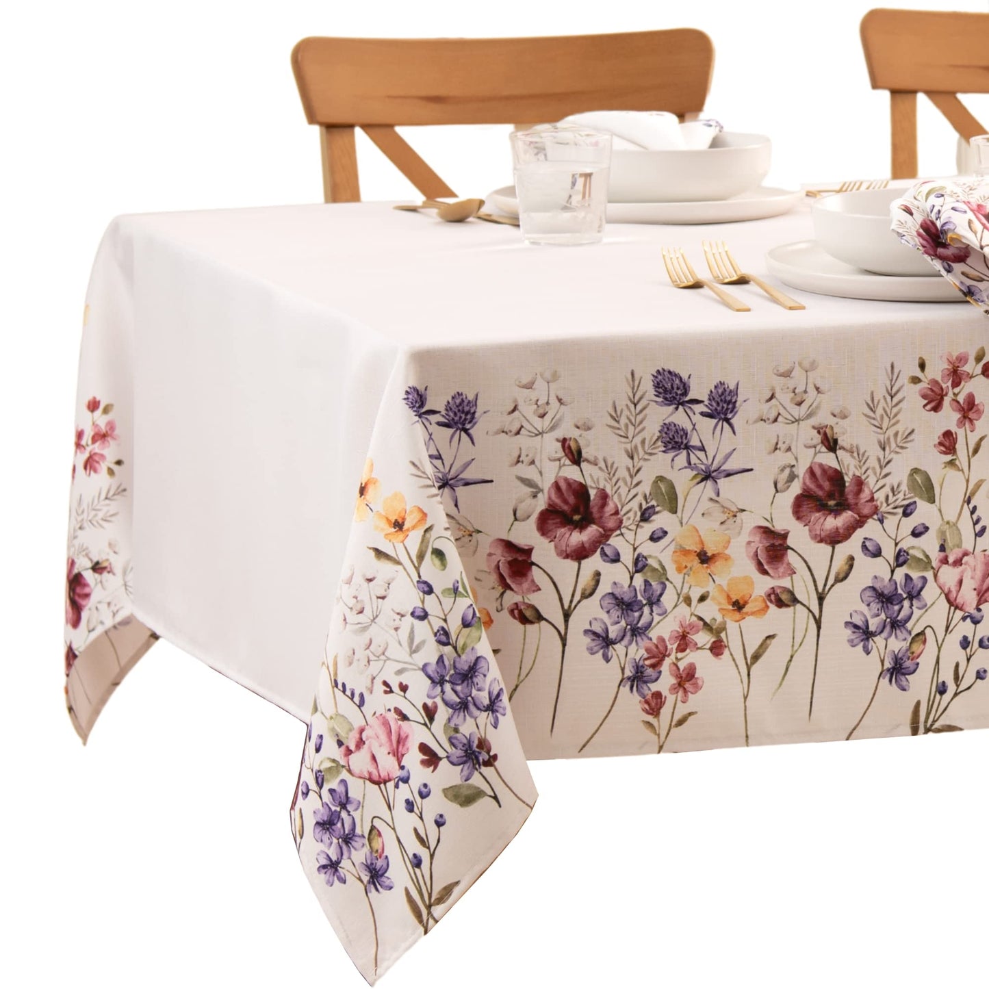 Elrene Home Fashions Poppy Wildflower Botanical Border Fabric Tablecloth, Rectangle, 60 inches X 120 inches