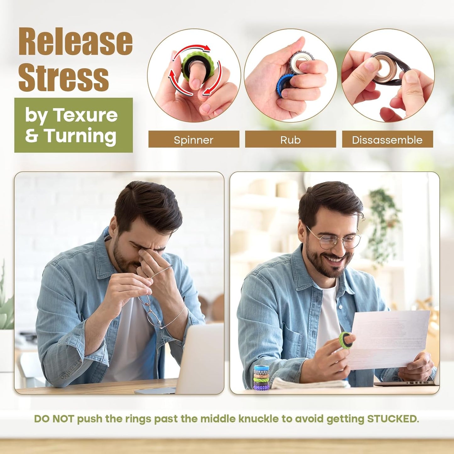 Fidget Toys Adults Sensory Rings: 12 Pack Texture Spinner Rings - Stress Relief Sensory Toys for Kids ADHD - Quiet Desk Fidgets for Anxiety Office for Adults Teens