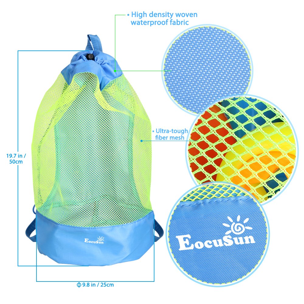 EocuSun Large Mesh Beach Bag Tote Durable Sand Away Drawstring Backpack Swim and Pool Toys Balls Storage Bags Packs, Stay Away From Sand and Water, Toy Not Included, Blue