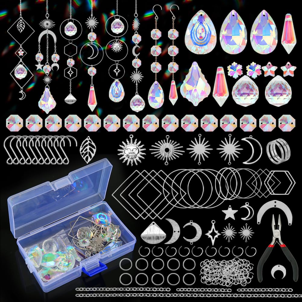 HYBEADS 200 Pcs DIY Suncatcher Making Kits for Adults Crystal Sun Catchers Crafts with Hooks Chains Pendants Rainbow Maker for Window Hanging Prism Indoor Outdoor Garden Xmas Wedding Party Decor