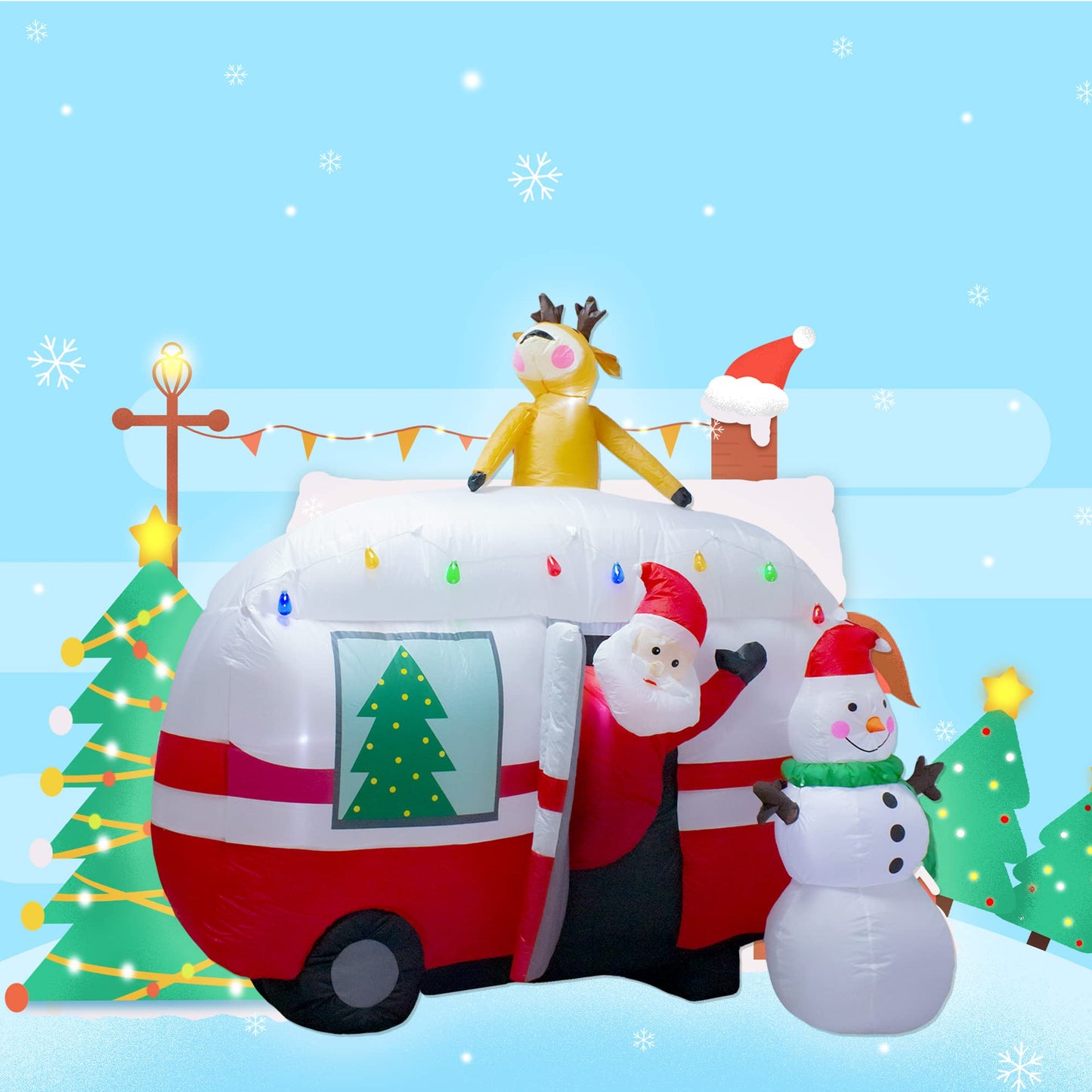 luxfcup 8FT Christmas Inflatable Santa Snowman Camper Inflatables Decoration with LED Lights Outdoor Yard to Blow Up Christmas Car Easter Decorations