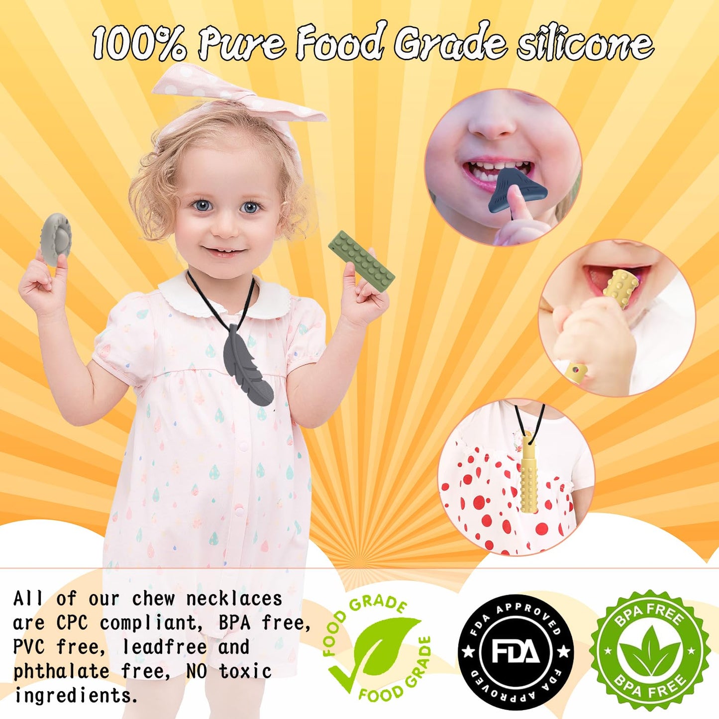 Chew Necklaces for Sensory Kids Teether Autism ADHD Silicone Teething Toys Anxiety Relief to Reduce Fidgeting Stress Oral Fixation 7 Packs