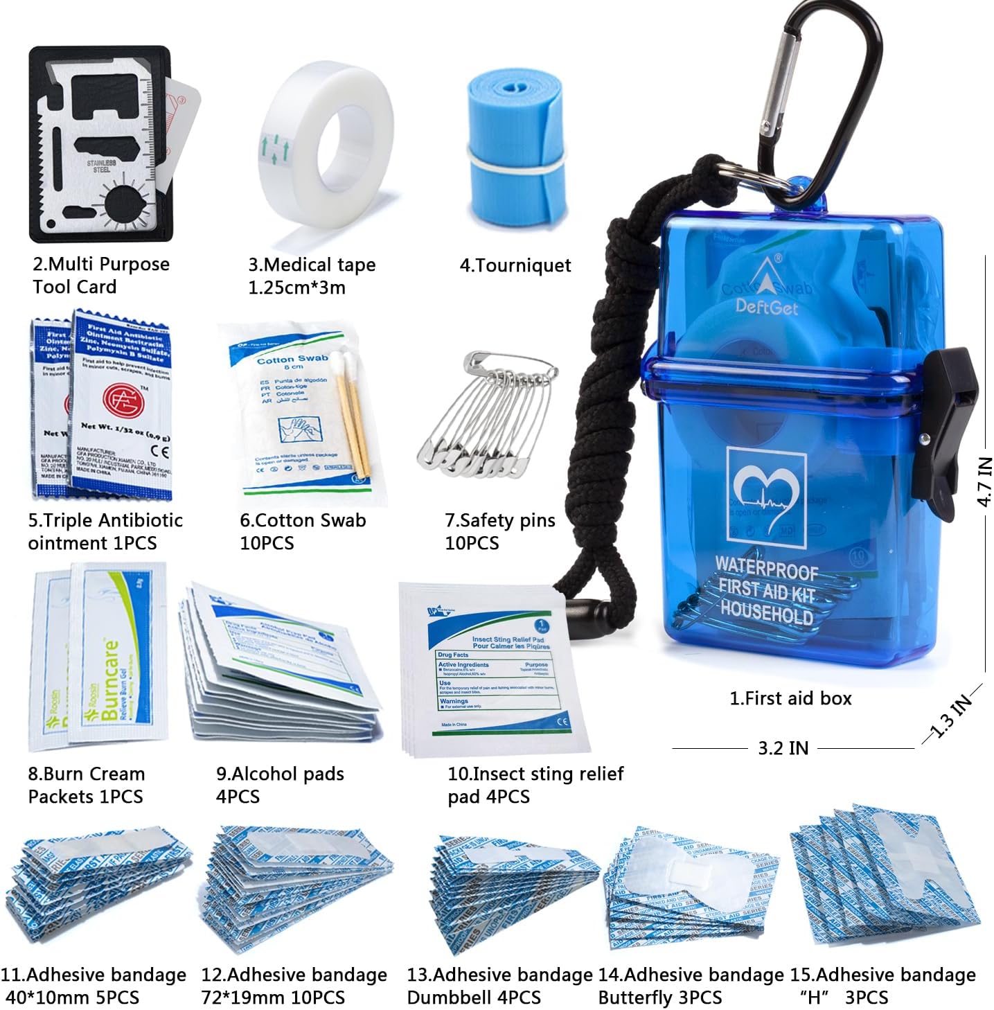 DEFTGET Waterproof First Aid Kit Travel Essentials Camping Essentials Small Emergency Survival Kits Mini Durable Lightweight for Minor Injuries Camping car Hiking Backpacking Essentials (Blue-Seal)