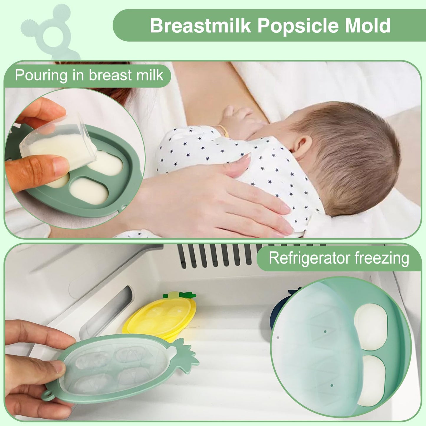 HAOBAOBEI Teething Toys, Baby Fruit Food Feeder, Breastmilk Popsicle Molds for Baby Cooling Relief (Green, Mini Mouse)