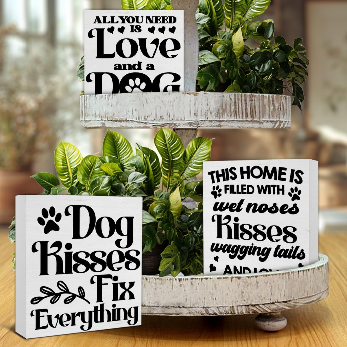 3 Pcs Dogs Wood Signs Decor Dog Lover Wood Block Sign Farmhouse Dog Themed Wooden Box Signs Decorations for Home Tiered Tray Desk Table Shelf