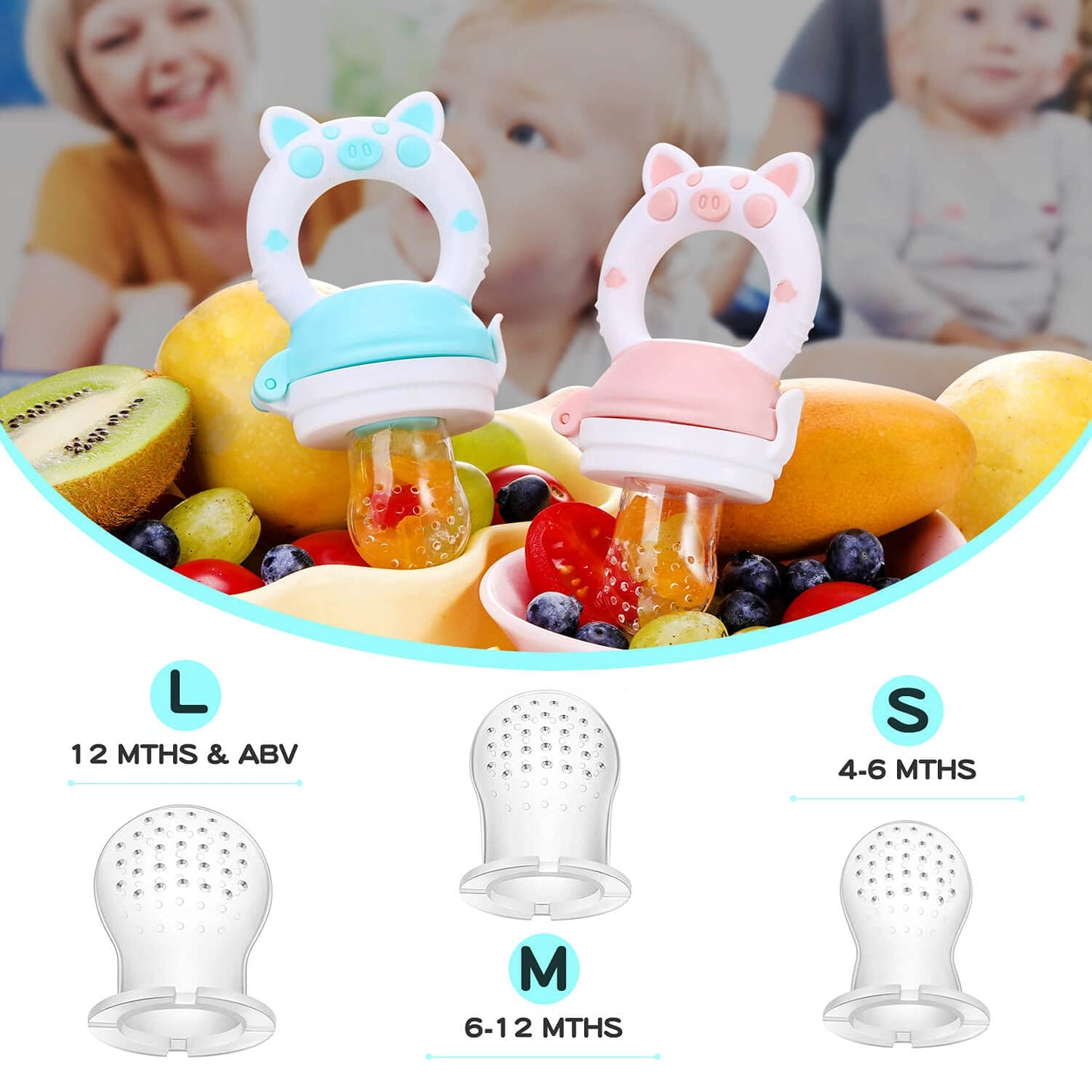 Baby Fruit Food Feeder Pacifier - Fresh Teething Pacifiers, Infant Fruit Teething Teether Toy for 3-24 Months, 6 Pcs Silicone Pouches for Toddlers & Kids & Babies, Piggy Handle 2-Pack (Pink & Gray)
