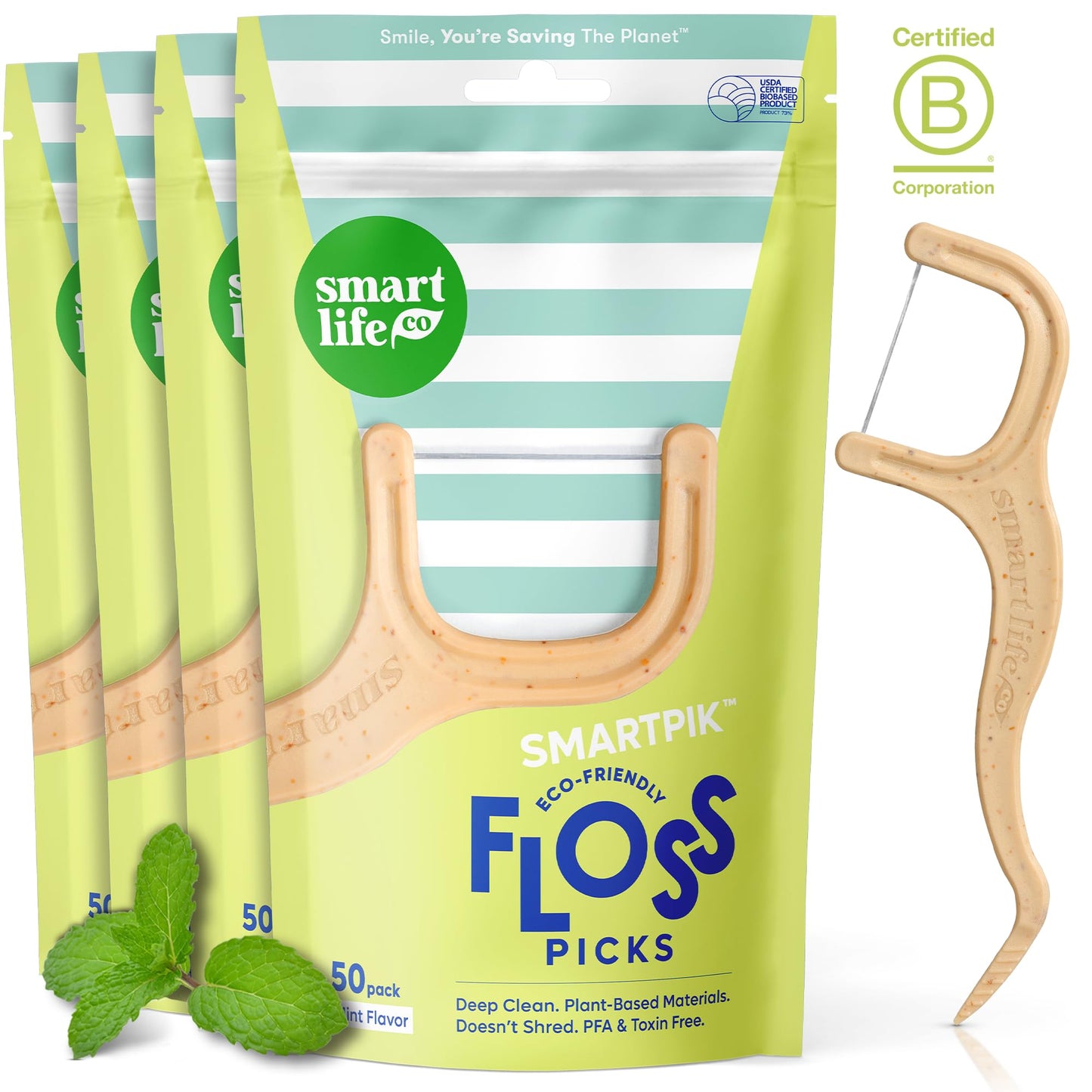 SmartLifeco Biodegradable Dental Floss Picks - Plant Based Handle, Thin Thread Tooth Flossers for Adults & Kids, Eco Friendly Toothpick Soft on Gum & Teeth, Compostable Zero Waste Vegan, 100 Mint