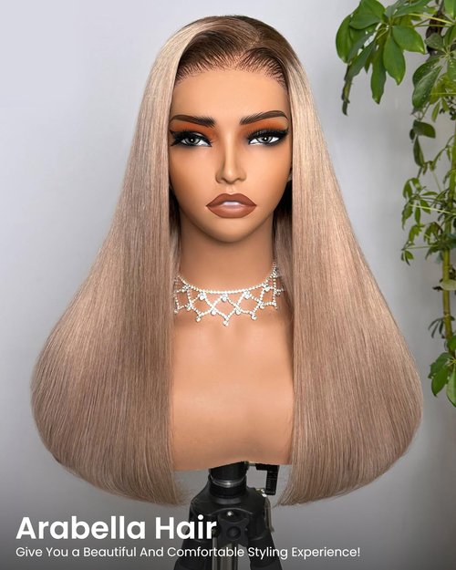 Arabella 5x6 Ready to Go Glueless Wigs Human Hair 20/Ash Blonde Ombre Lace Front Wigs 100% Human Hair Real 230% Density Pre Cut Lace Pre Plucked Straight Wig Human hair (16inch, 5X6 Straight Wig)